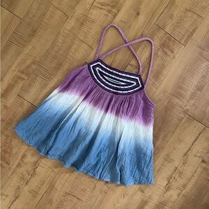 Bohemian Flowy Cotton Blue and Purple Ombre Top with Embroidery Detail